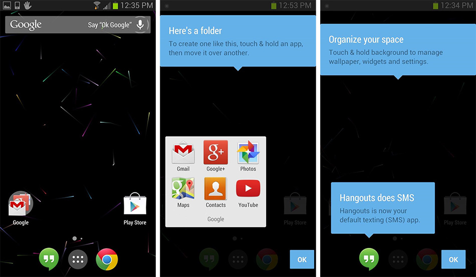 Welcome Guide, Home Screen and Folders in Google Launcher